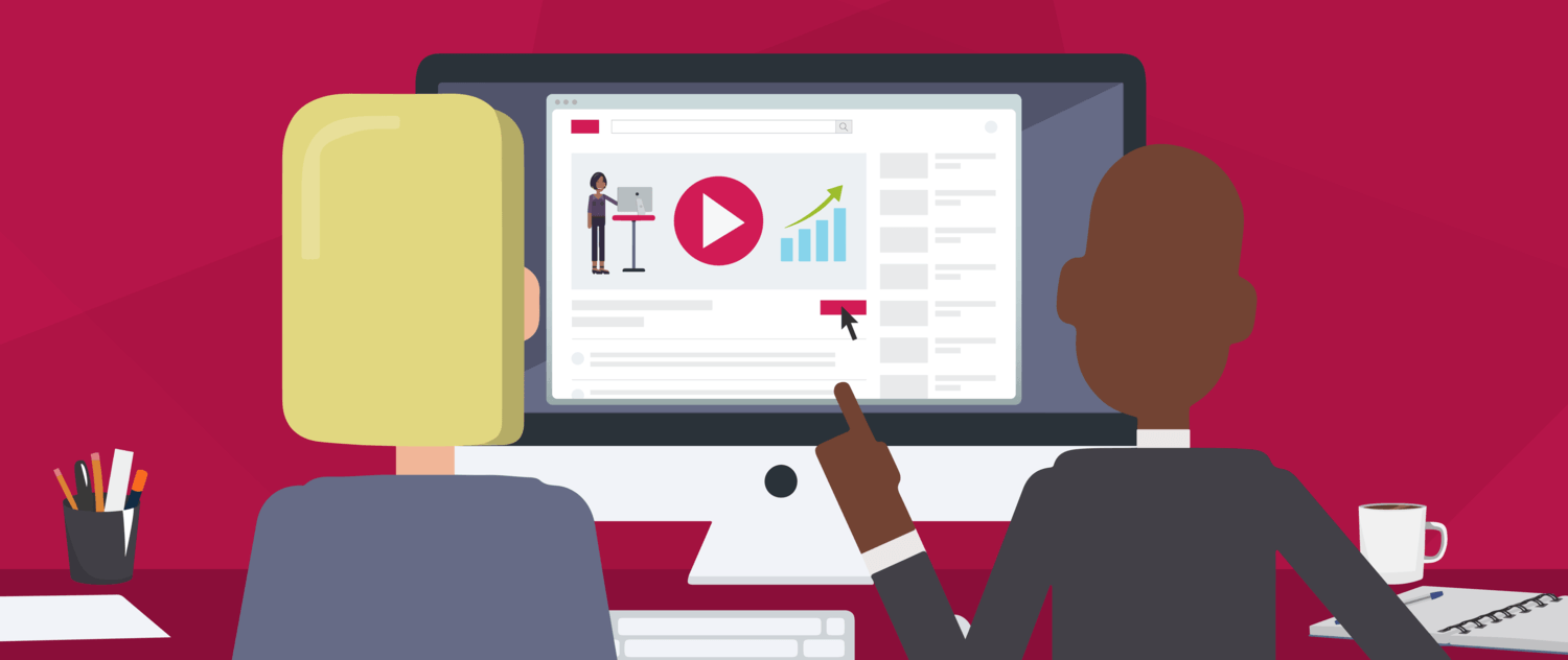 Illustration of two coworkers sitting at a computer looking at types of YouTube videos.