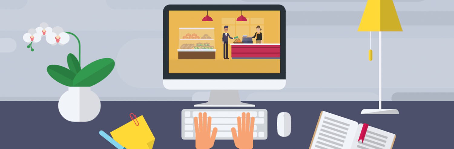 Image of an animated hand typing with an animated image of a grocery store on the computer