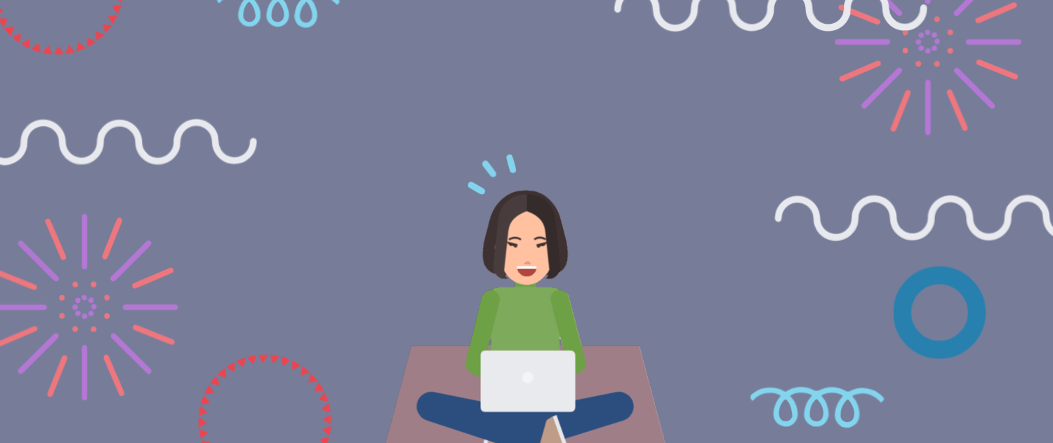 Banner for Prakriti Rai's lessons on storytelling. the image shows an animated version of Prakriti sitting and working on a laptop computer.